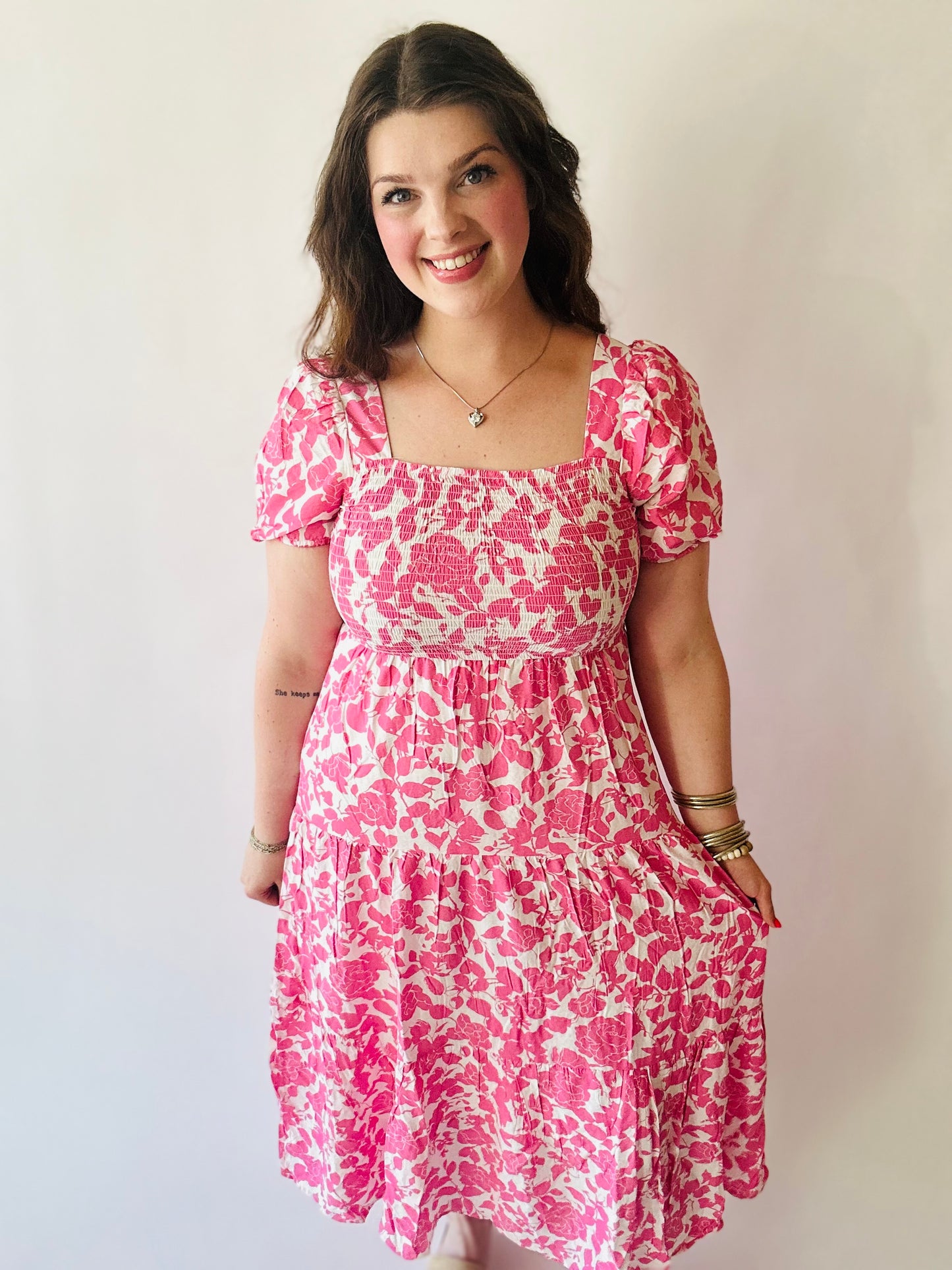 Floral Square Neck Smocked Midi Dress - Pink Multi