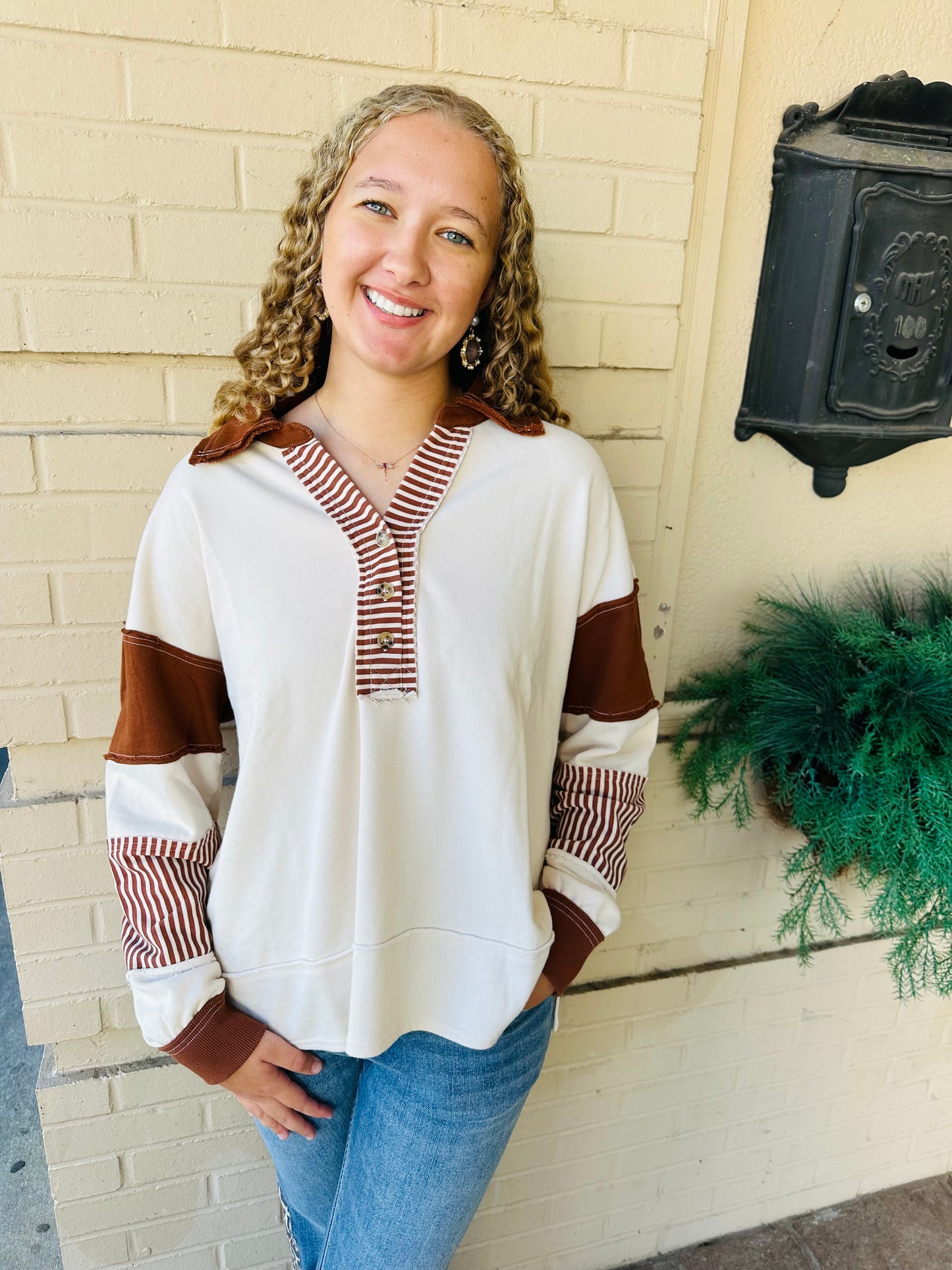 Color Block Knit Pullover Top - Chestnut