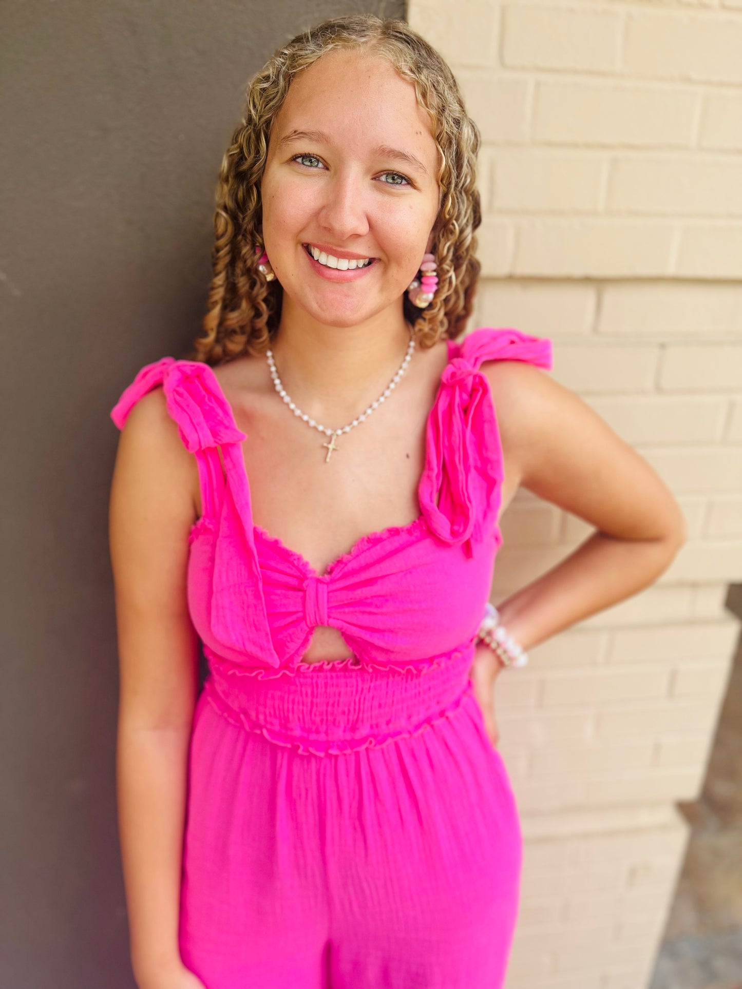 Shoulder Tie Strap Front Tie Jumpsuit - Pink