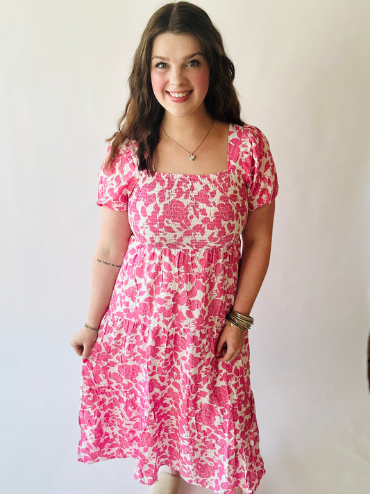 Floral Square Neck Smocked Midi Dress - Pink Multi