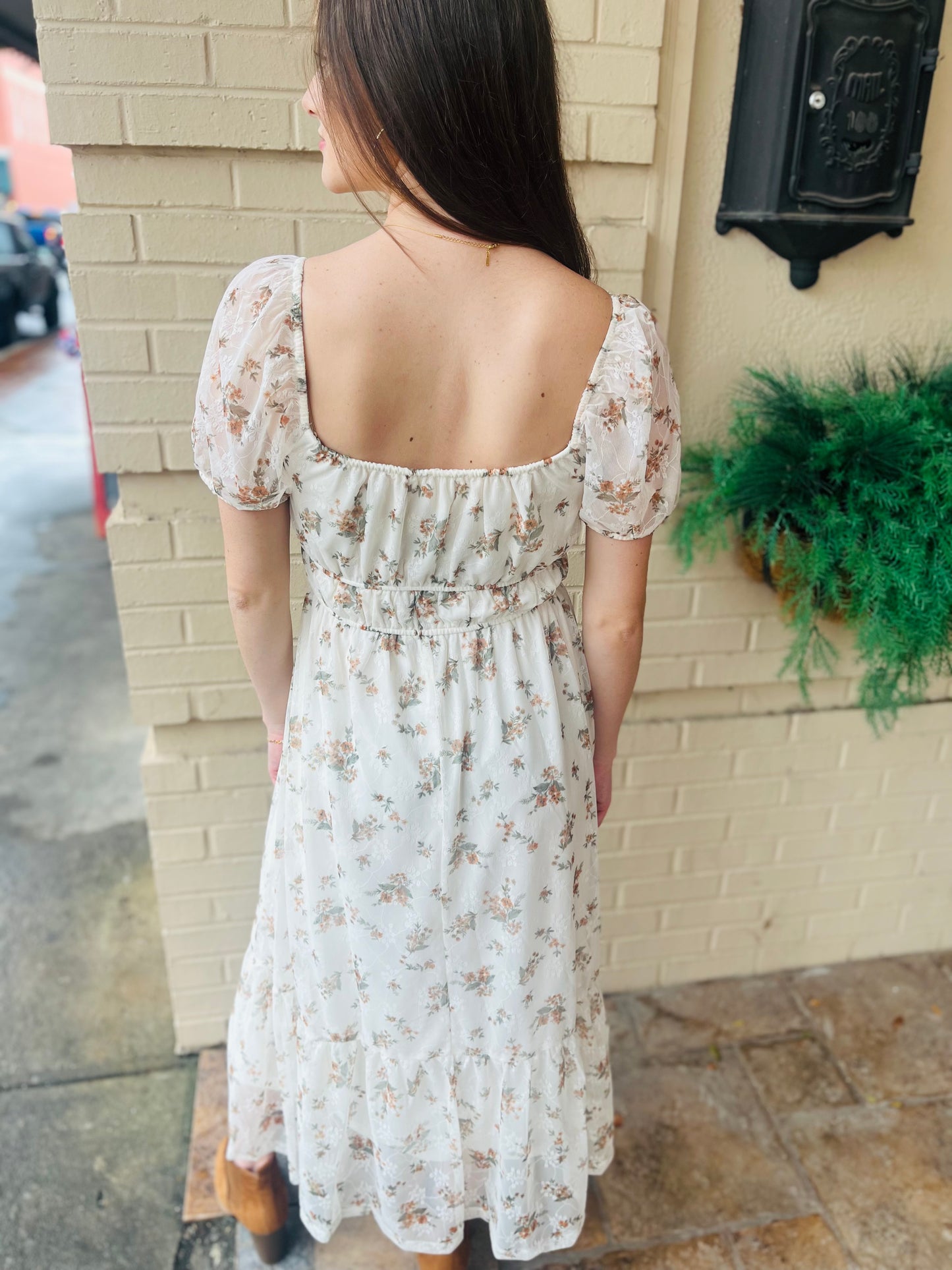 Sheer Sleeve Floral Front Tie Midi Dress - Cream