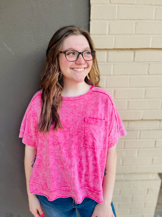 Washed Oversized Crop Tee - Red
