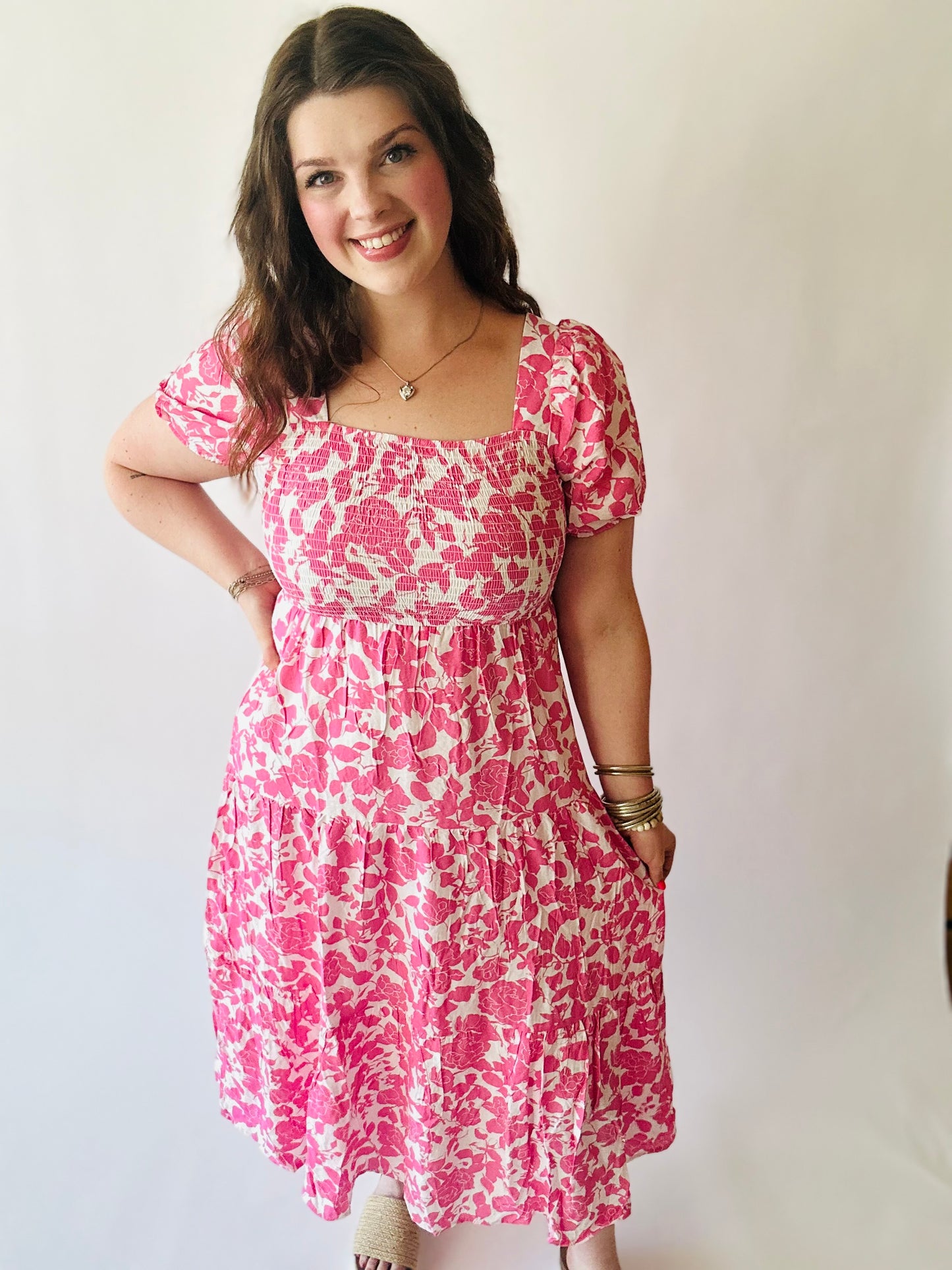 Floral Square Neck Smocked Midi Dress - Pink Multi