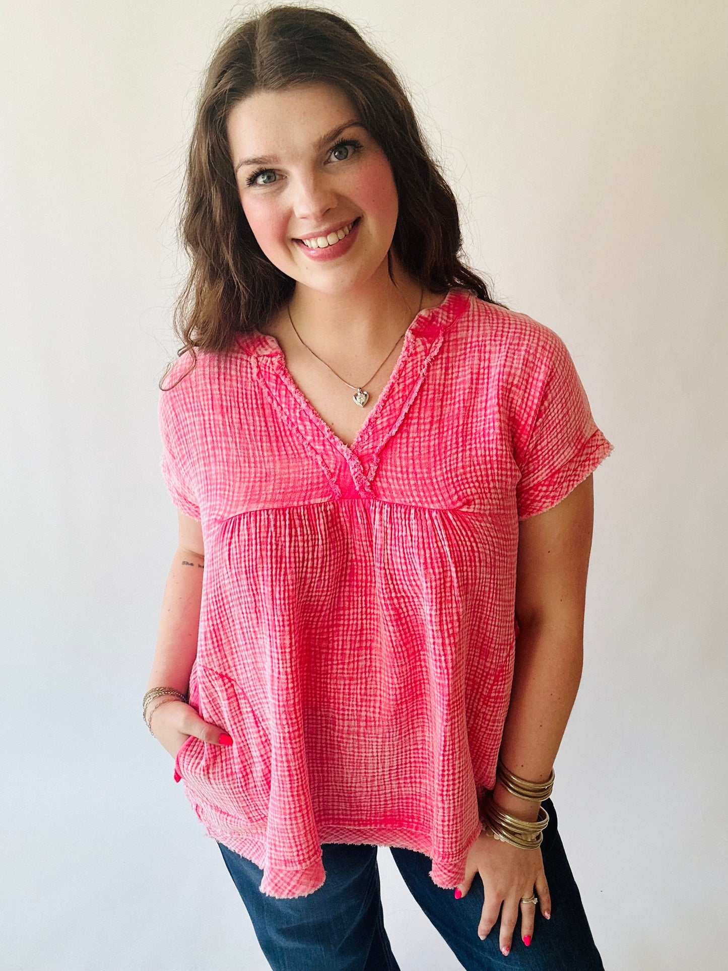 Washed Gauze Top - Fuchsia
