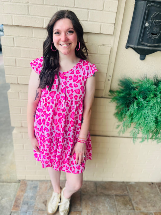 Leopard Tiered Dress - Pink Fuchsia