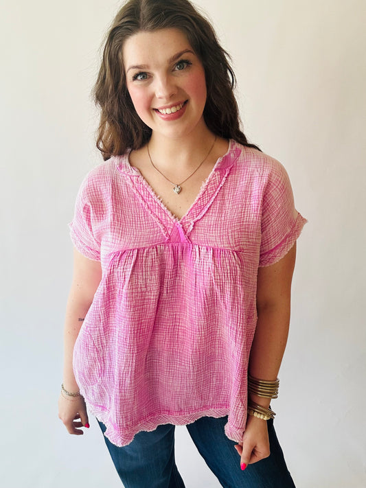 Washed Gauze Top - Candy Pink