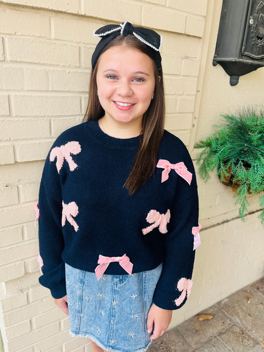 Bow Pattern Knit Sweater - Navy