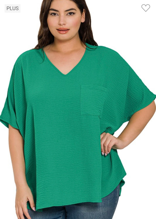 Plus Airflow V-Neck Dolman Pocket Top - Kelly Green