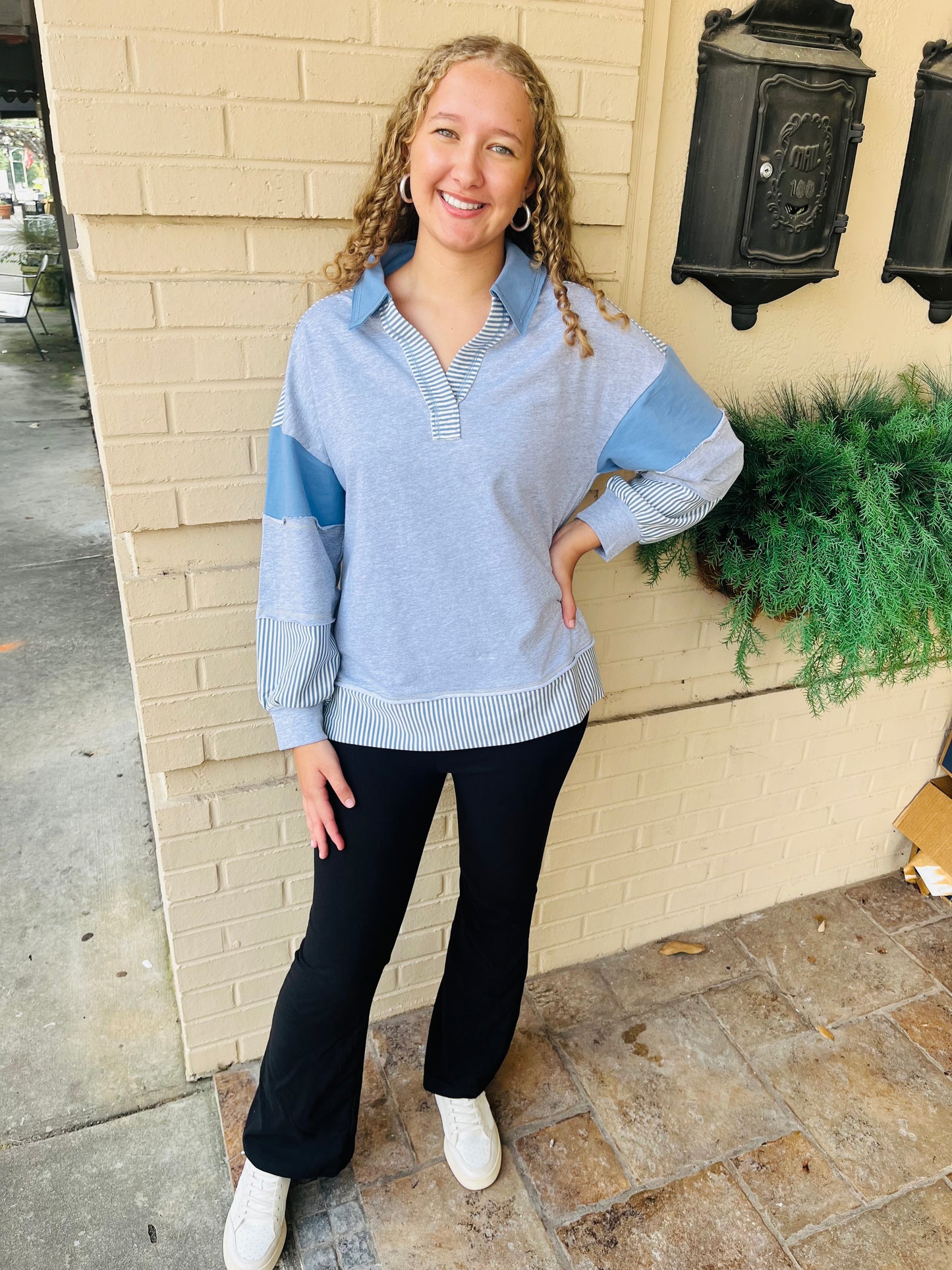 Color Block Solid & Stripe Pullover - H Gray