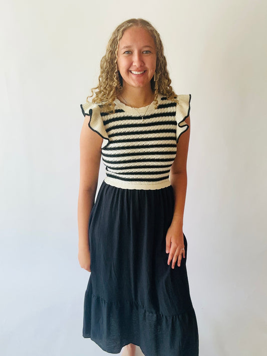 Stripe Sweater Top Mixed Media Midi Dress - Black
