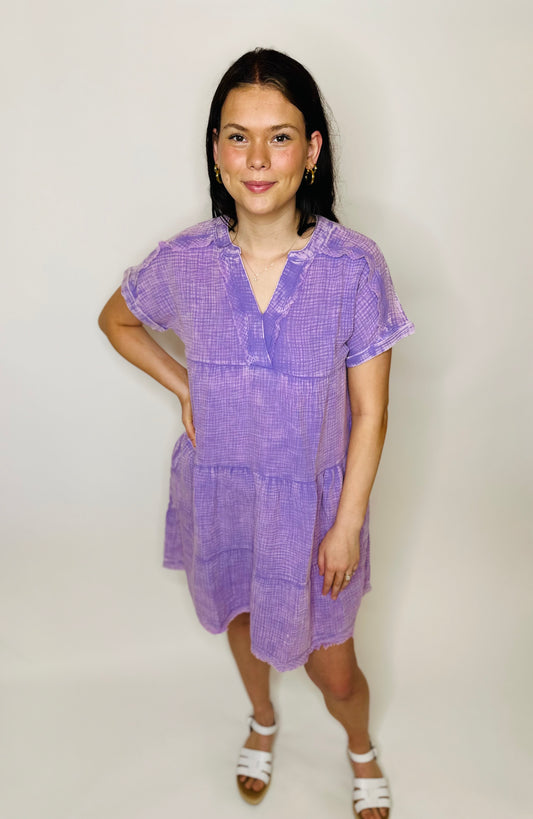 Washed Gauze V-Neck Dress - Lavender