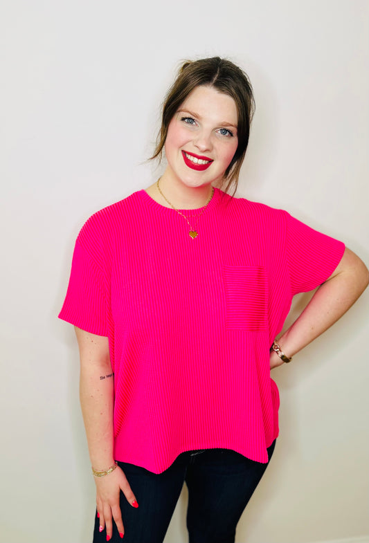 Corded Rib Short Sleeve Front Pocket Top - Neon Hot Pink
