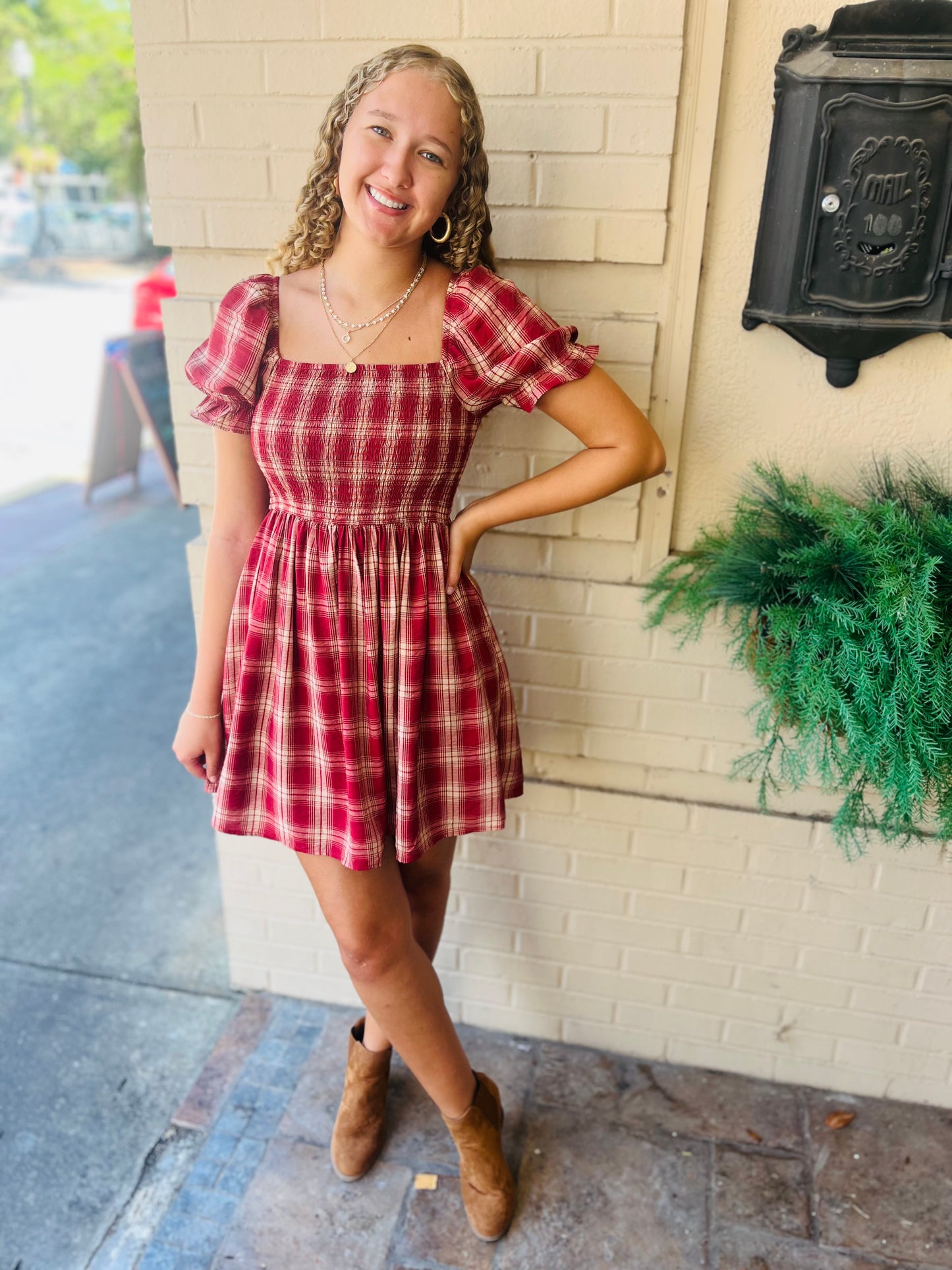 Plaid Smocked Puff Sleeve Dress