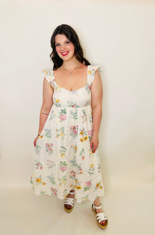 Floral Embroidery Detail Ruffle Sleeve Midi Dress