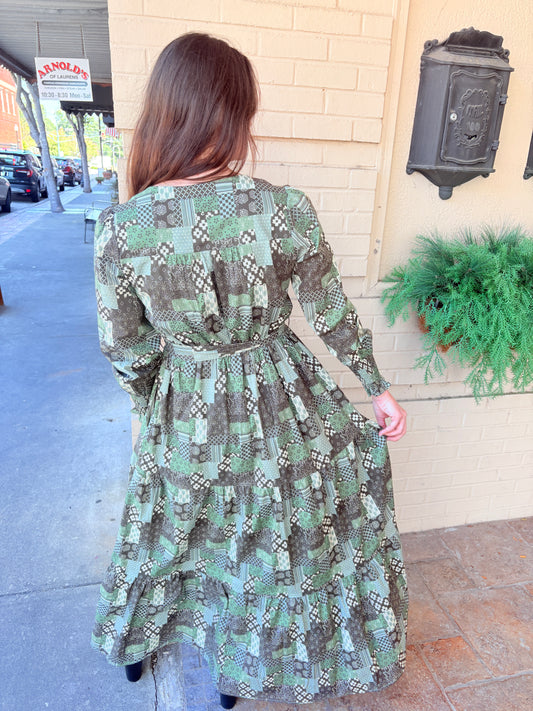 Cotton Patchwork Embroidered Maxi Dress - Olive Multi