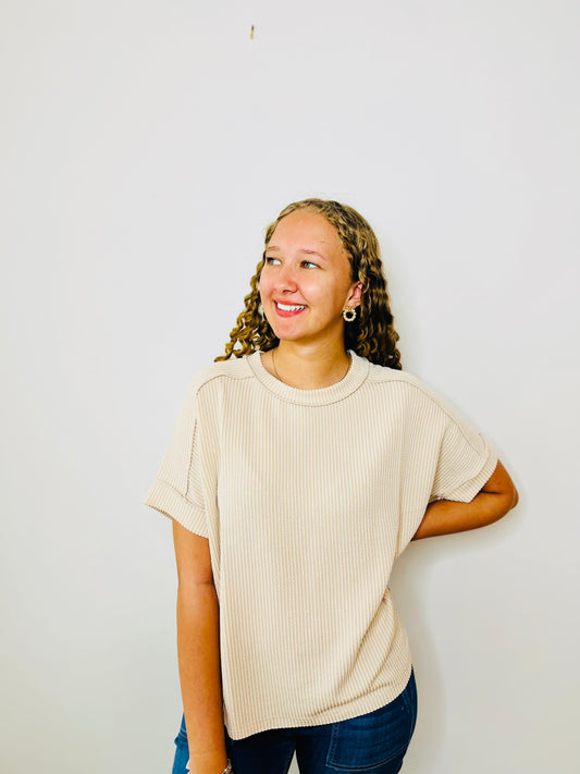 Corded Rib Short Cuff Sleeve Raw Edge Top - Sand Beige