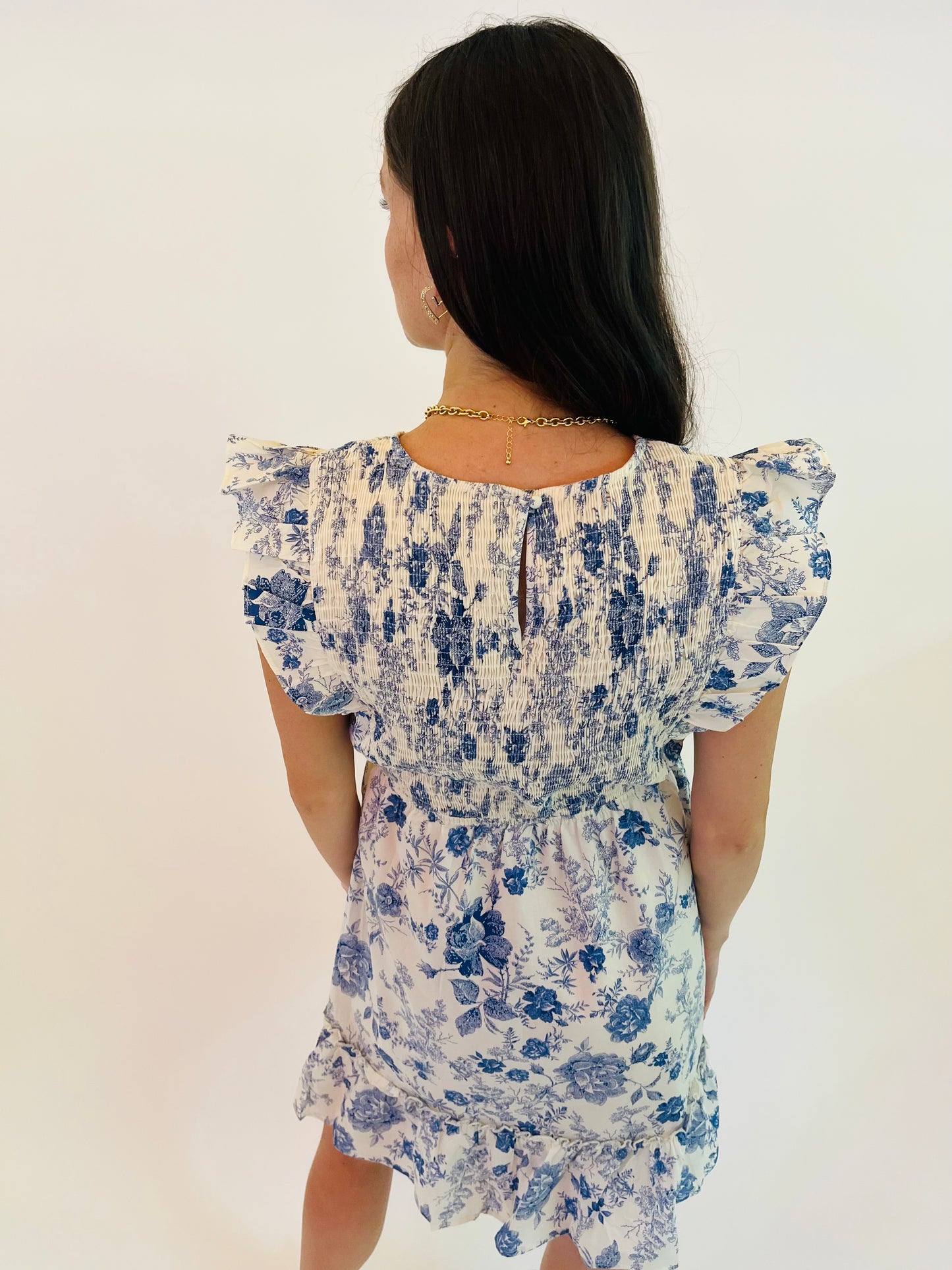 Antique Floral Smock Ruffle Dress - Blue
