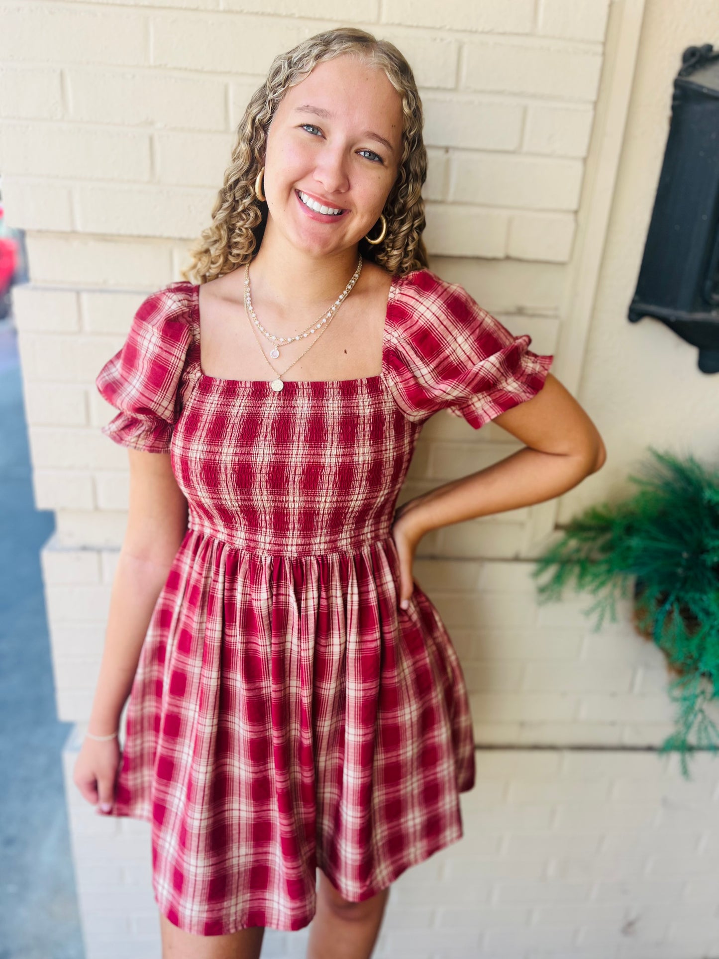 Plaid Smocked Puff Sleeve Dress