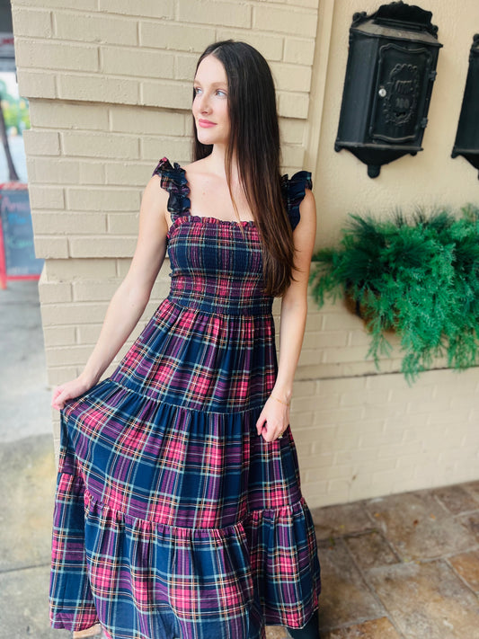 Plaid Smocked Tiered Midi Dress - Navy