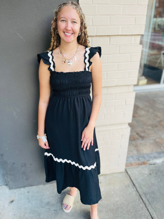 Wavy Trim Ruffle Detail Sleeveless Midi Dress - Black