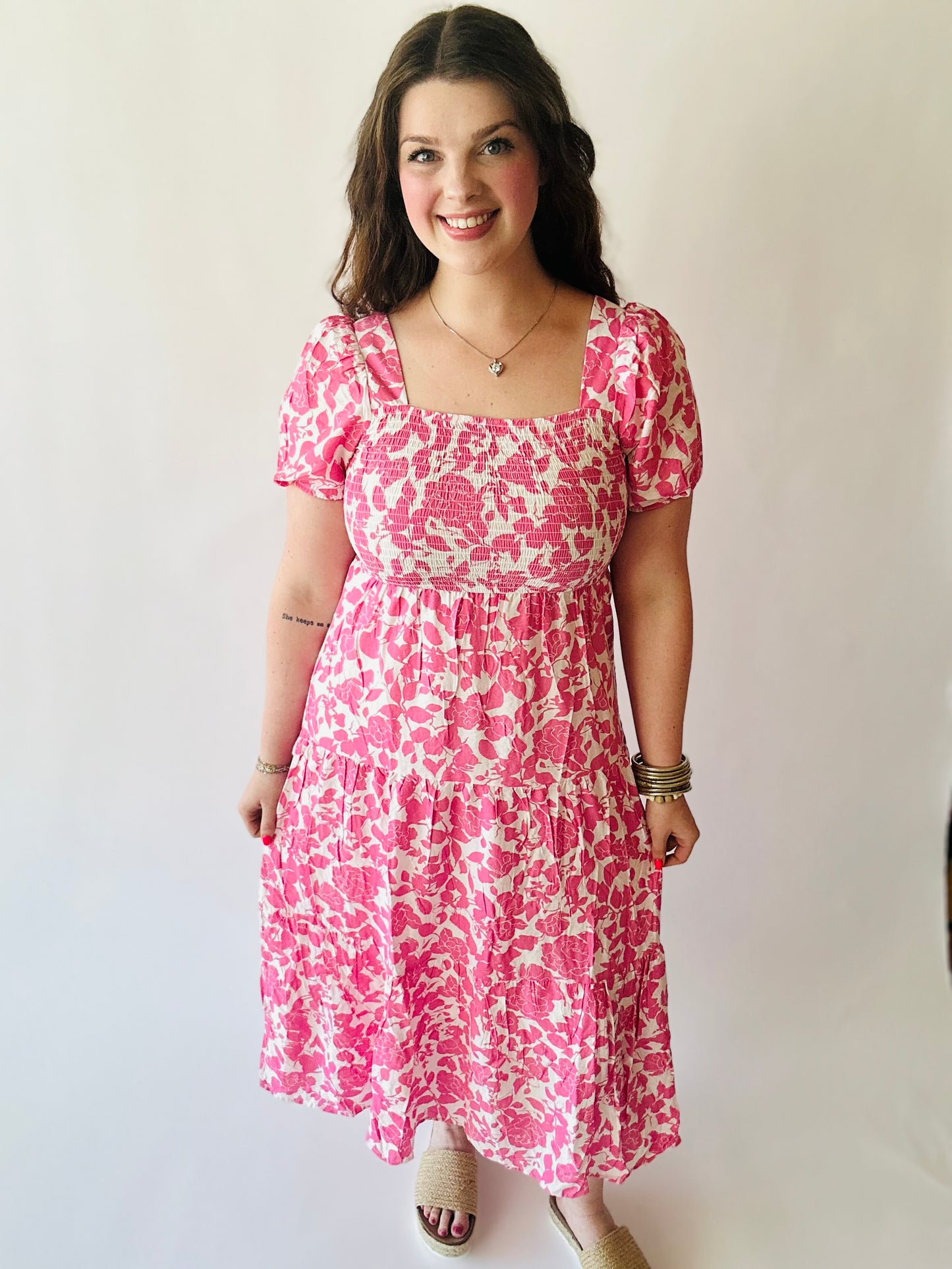 Floral Square Neck Smocked Midi Dress - Pink Multi