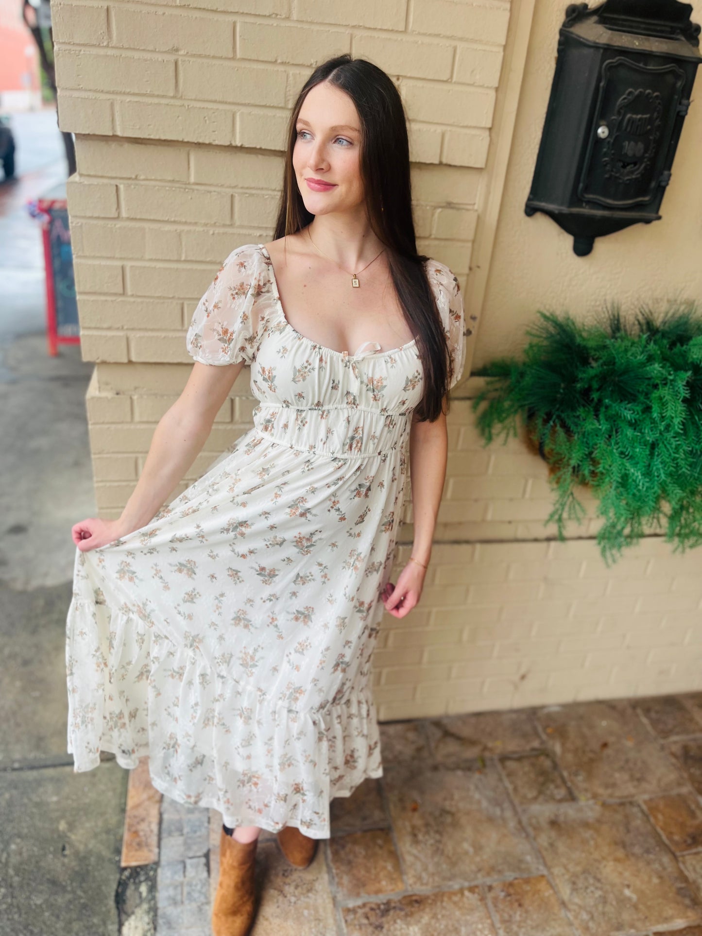 Sheer Sleeve Floral Front Tie Midi Dress - Cream