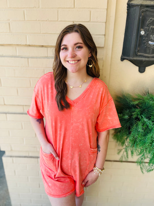 Mineral Wash Romper - Coral