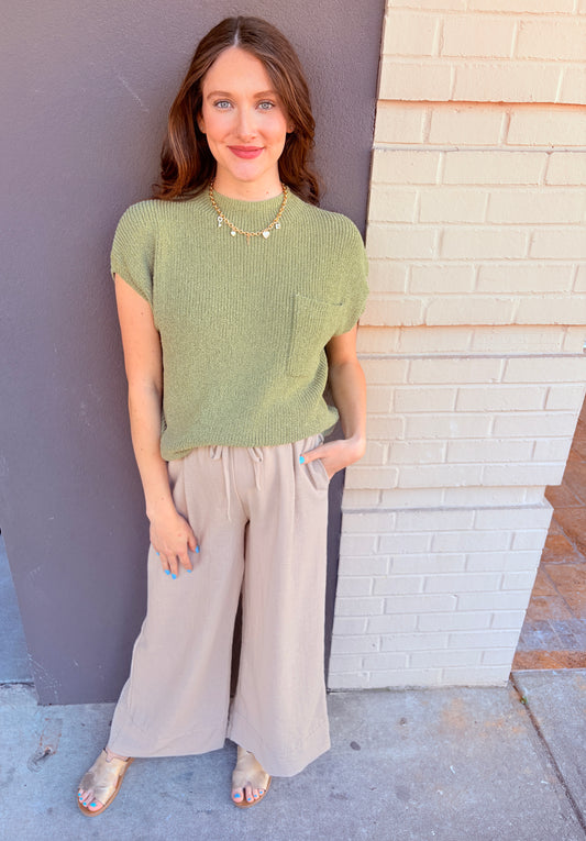 Mock Neck Pocket Sweater Top - Lt Olive