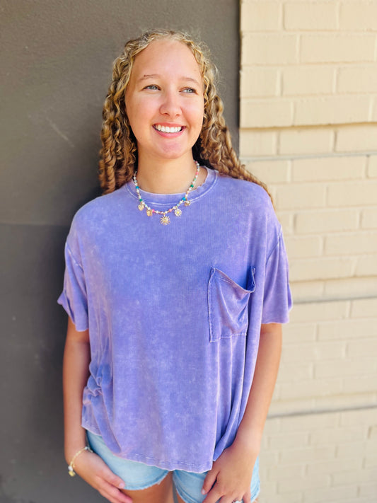 Washed Ribbed Round Neck Top - Lavender