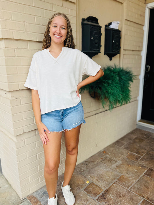Drop Shoulder Cuff Sleeve Knit Top - Cream