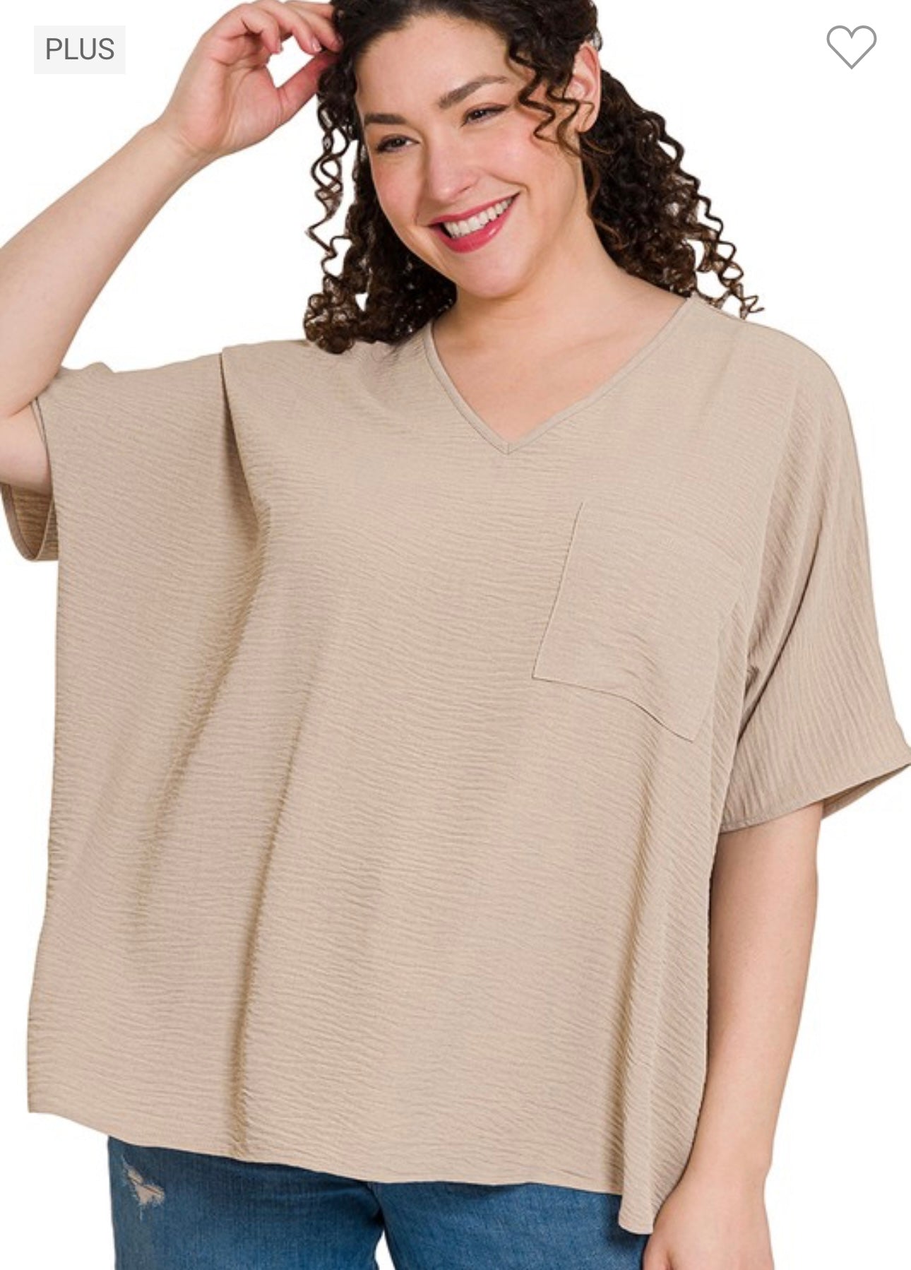 Plus Airflow V-Neck Dolman Pocket Top - Lt Mocha