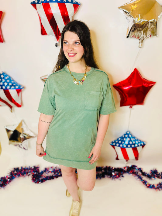 Mineral Washed Shift Dress - Sage