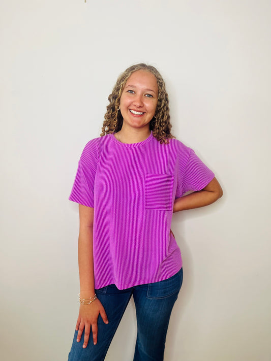 Corded Rib Short Sleeve Front Pocket Top - Spring Violet