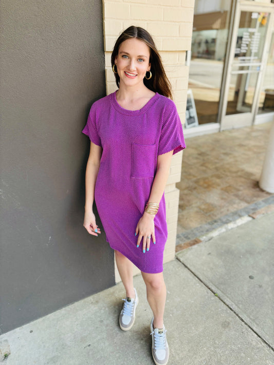 Short Sleeve Pocket Tee Dress - Purple