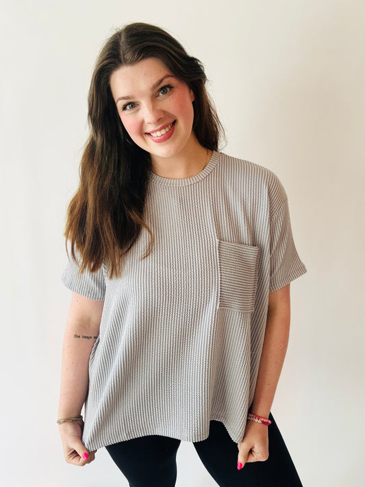 Corded Ribbed Pocket Top - Lt Grey