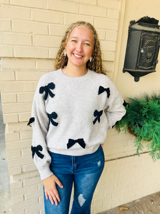 Bow Pattern Knit Sweater - Oatmeal