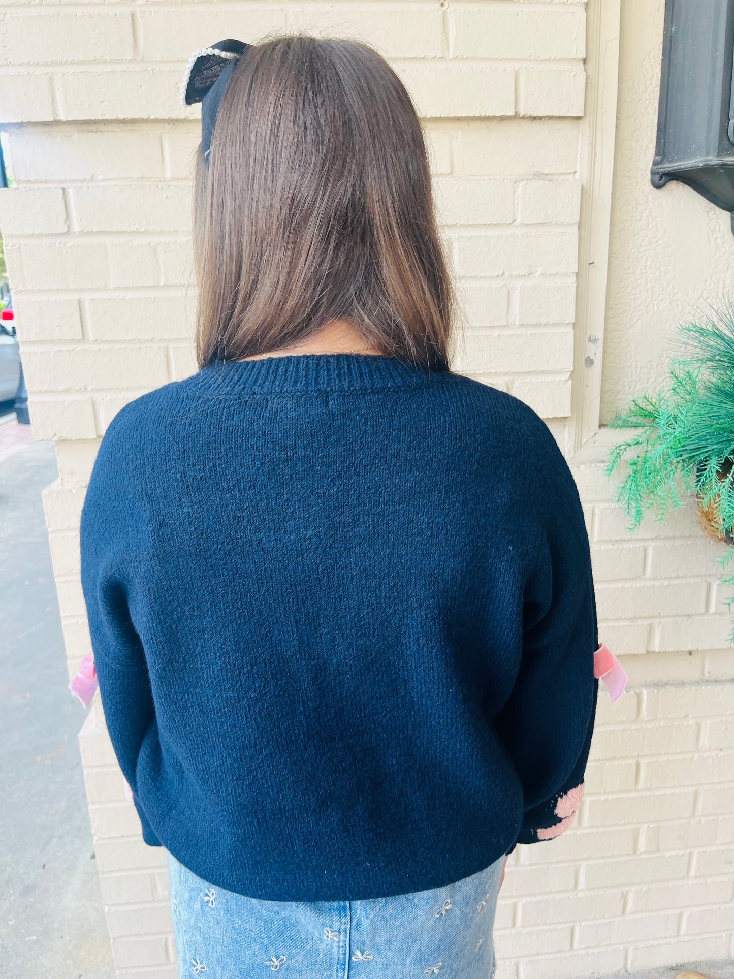 Bow Pattern Knit Sweater - Navy