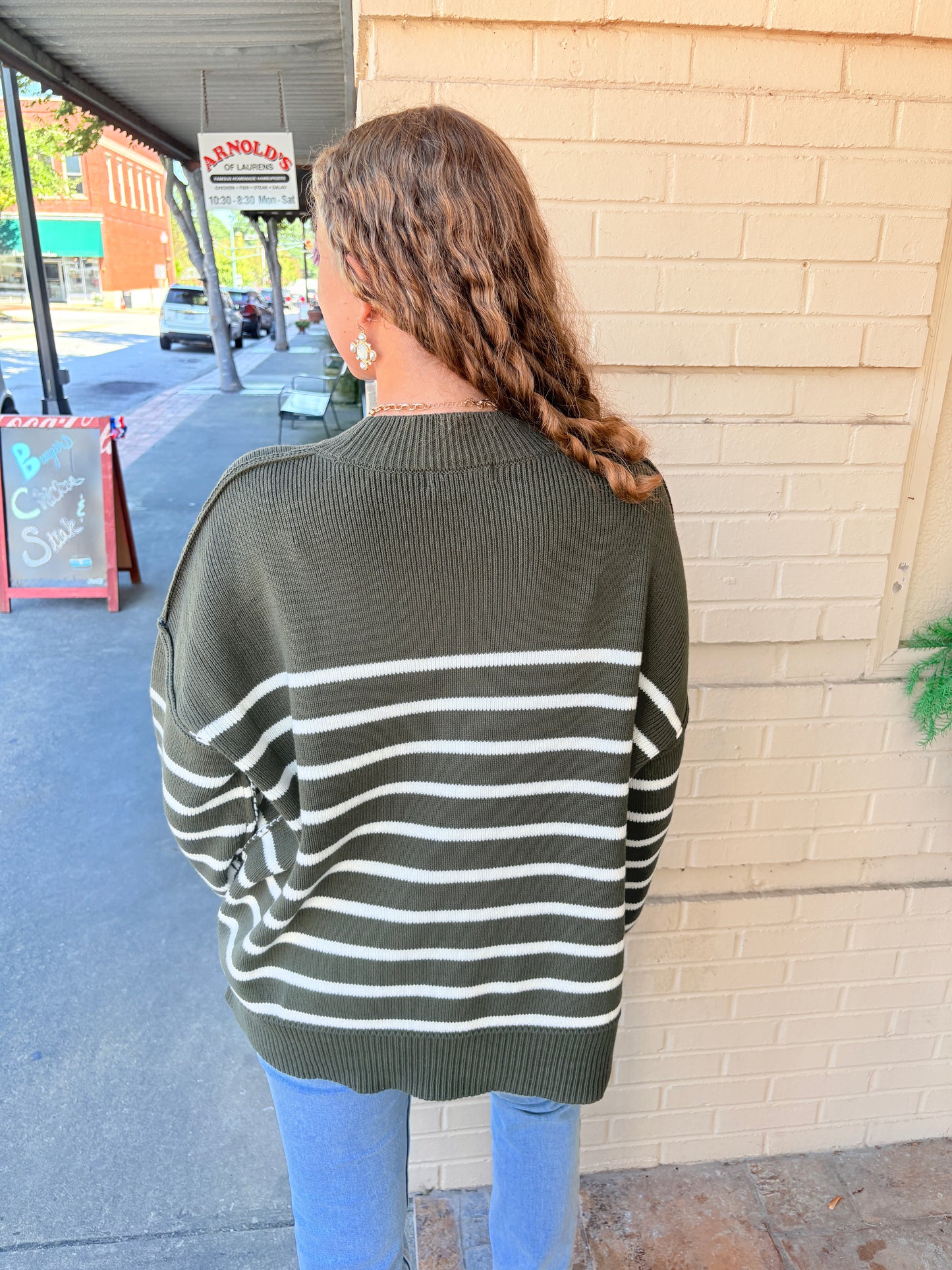 Striped Oversized Sweater - Dark Olive