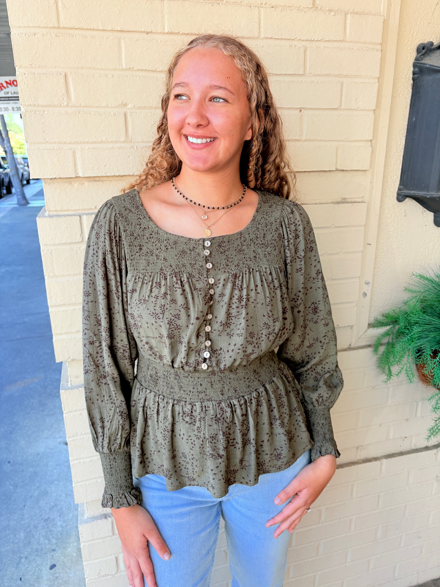 Smocked Button Front Peasant Top - Dark Olive