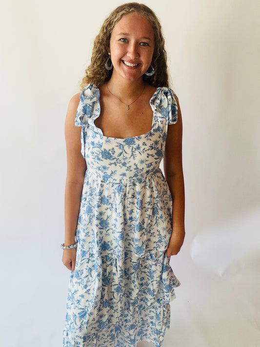Floral Tie Strap Ruffle Tiered Midi Dress - Blue Multi