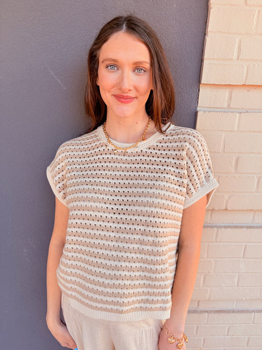 Stripe Crochet Knit Sweater Top - Khaki