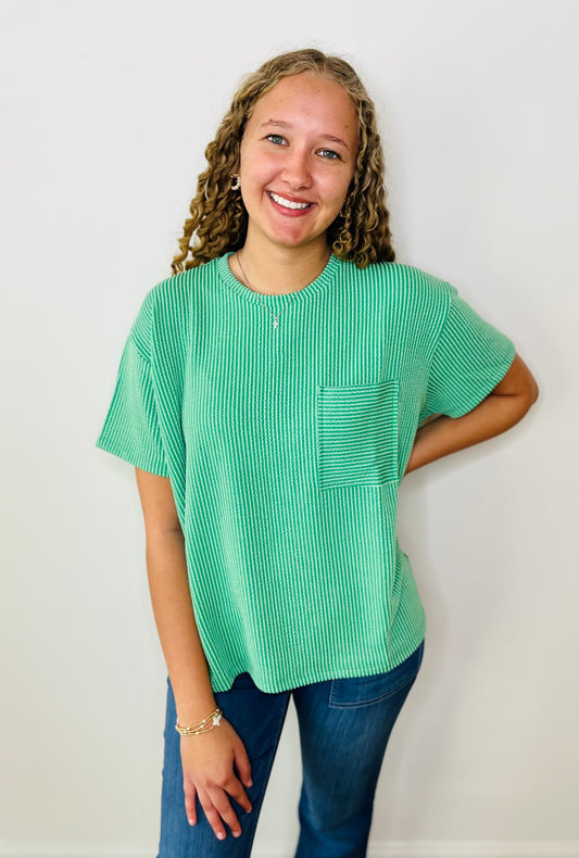 Corded Rib Short Sleeve Front Pocket Top - Kelly Green
