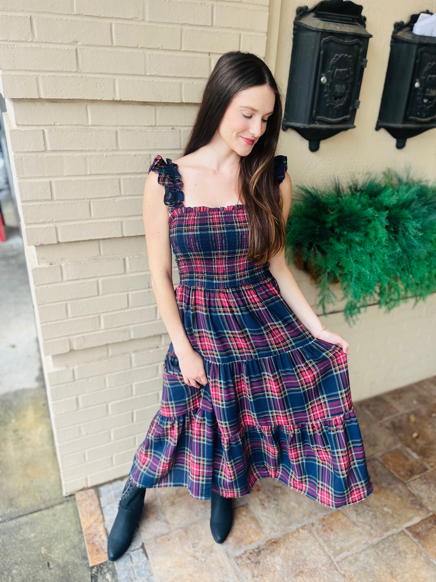 Plaid Smocked Tiered Midi Dress - Navy