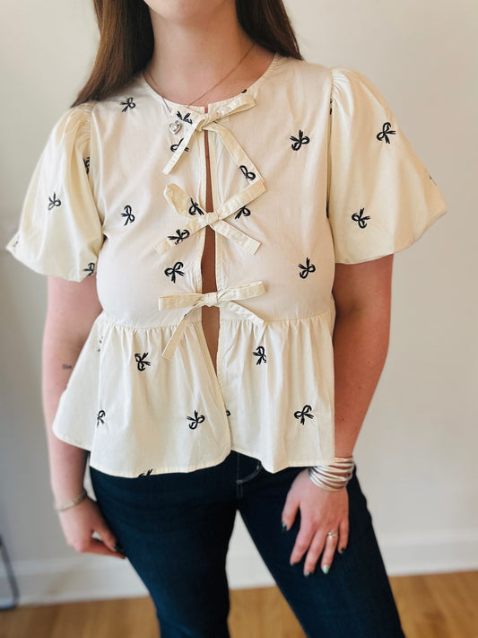 Bow Babydoll Ribbon Blouse - Beige
