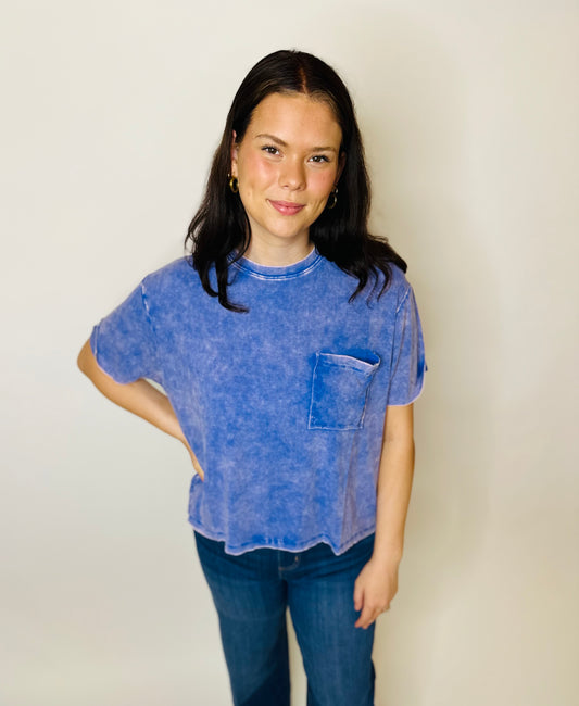Washed Ribbed Round Neck Top - Lt Indigo