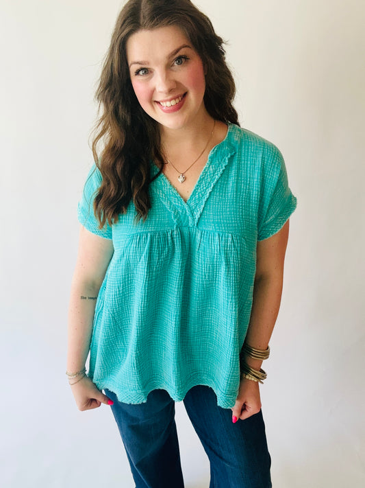 Washed Gauze Top - Turquoise