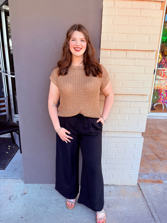 Crochet Knit Sweater Top - Tan