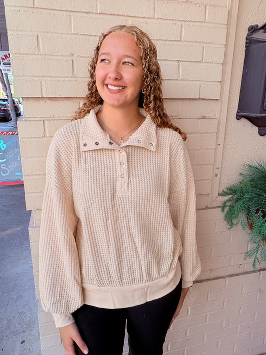 Oversized Half Button Down Waffle Knit Pullover - Cream