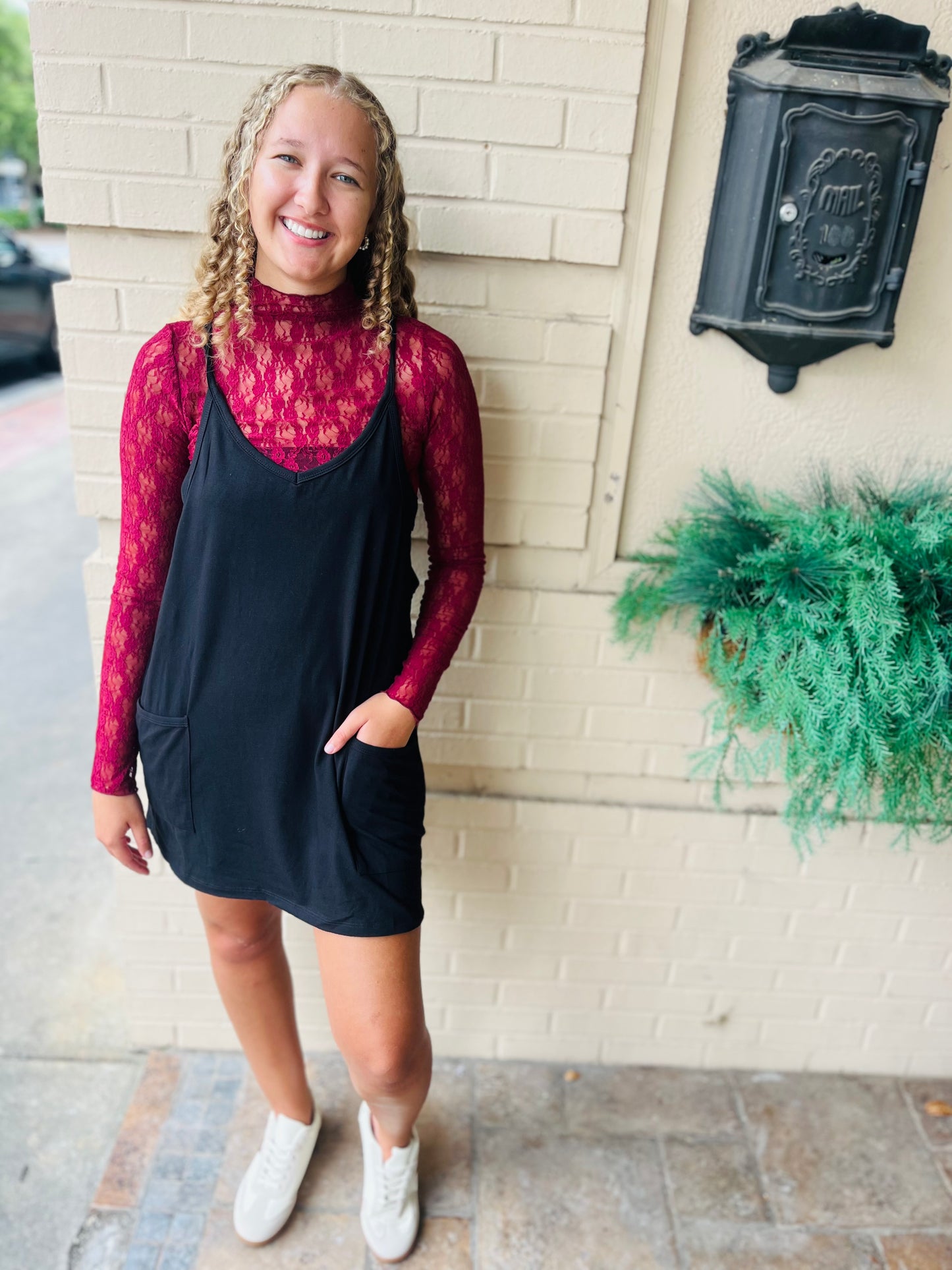 Fitted Sheer Mesh Lace Knit Top - Wine