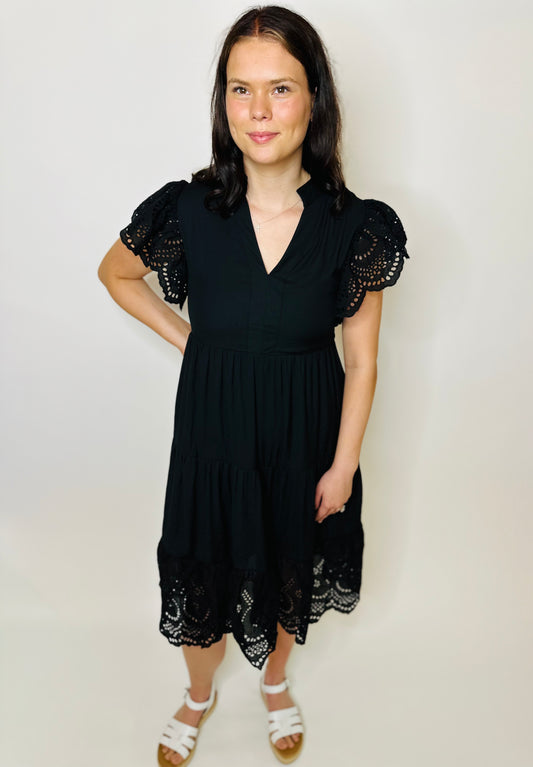 Solid Lace Tiered Dress - Black
